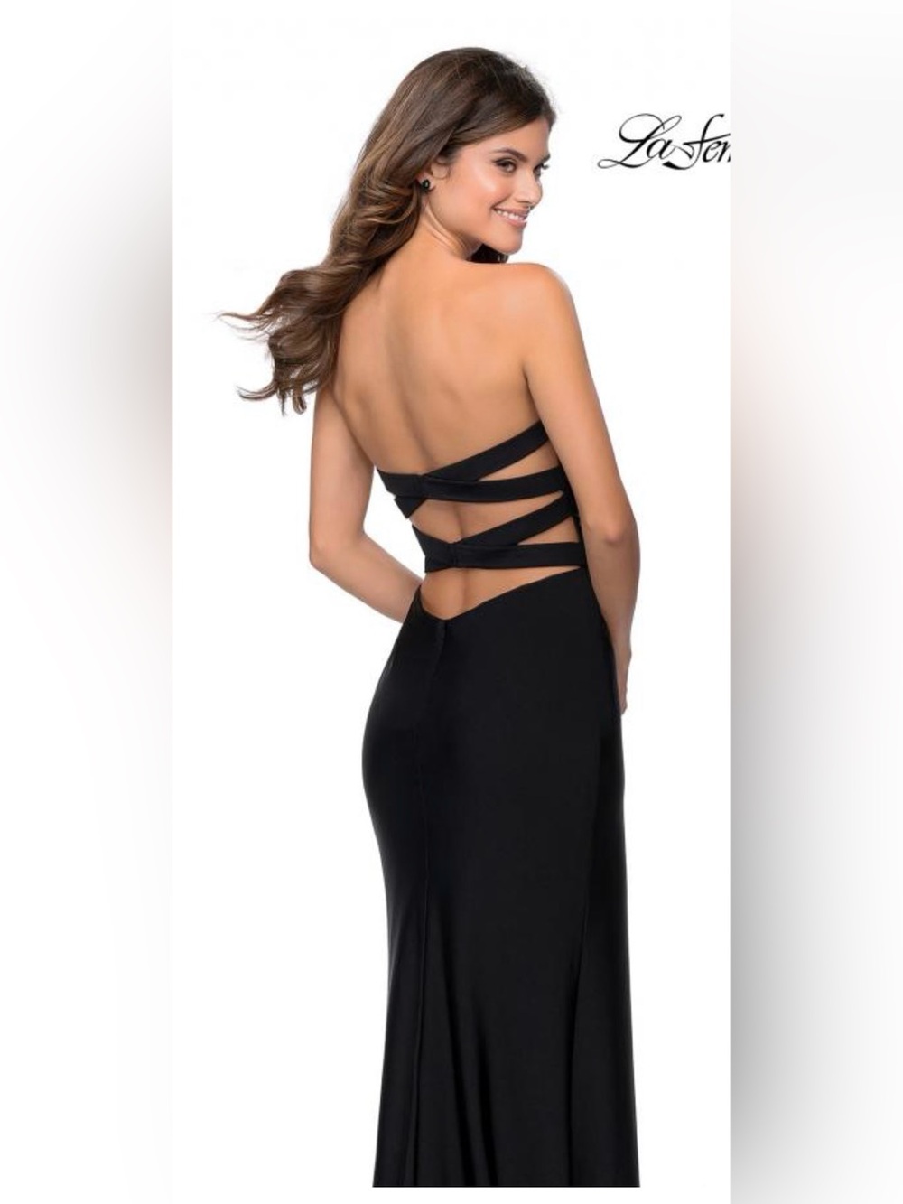 New LA FEMME Long strapless jersey dress Black Size 8 - Picture 3 of 5